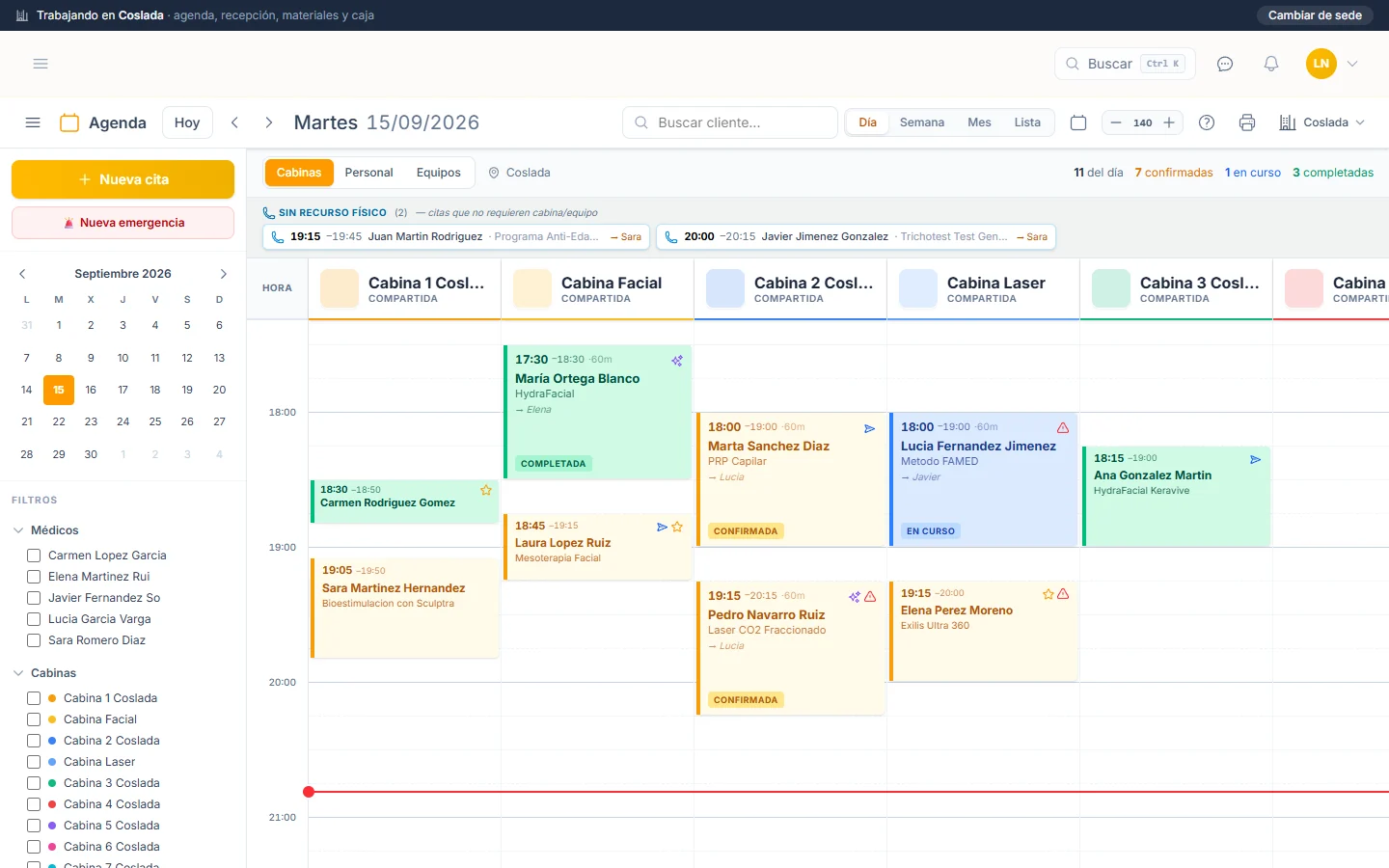 Agenda del día en Dermys (datos de demostración)