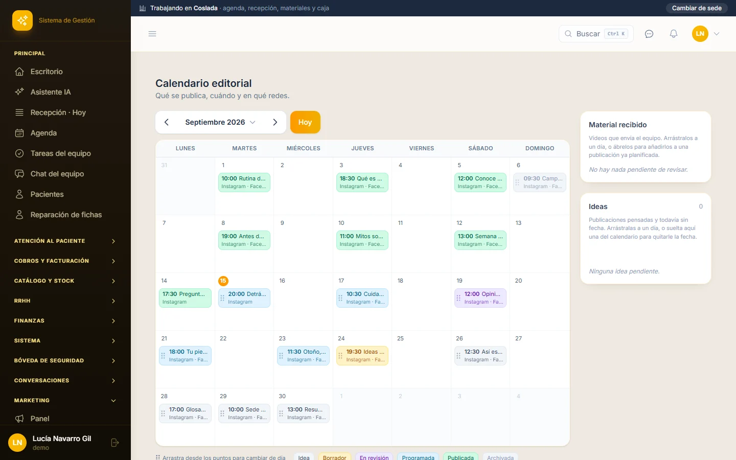 Calendario editorial en Dermys (datos de demostración)