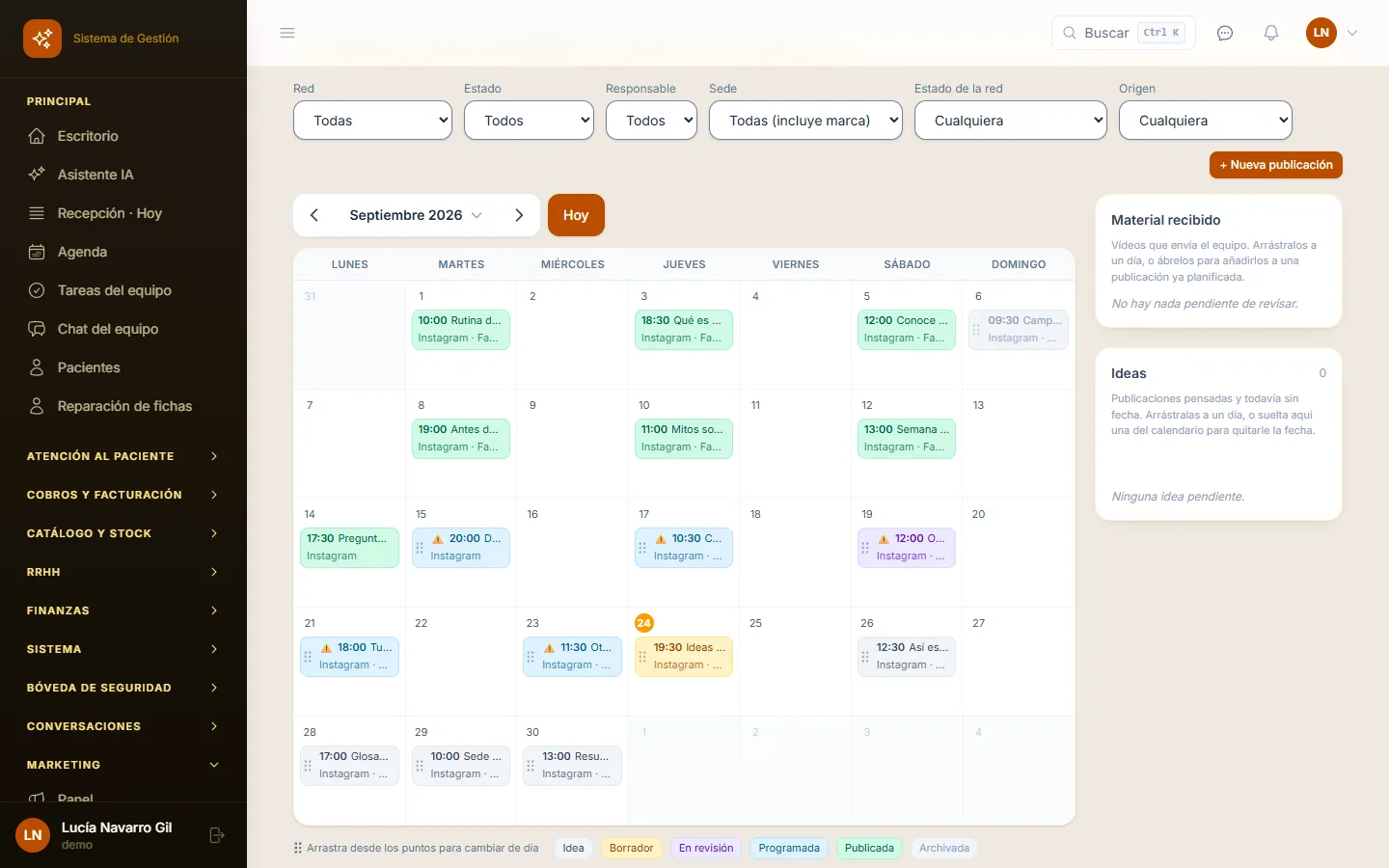 Calendario editorial de Dermys con publicaciones programadas para Instagram y Facebook de una clínica estética (datos de demostración)