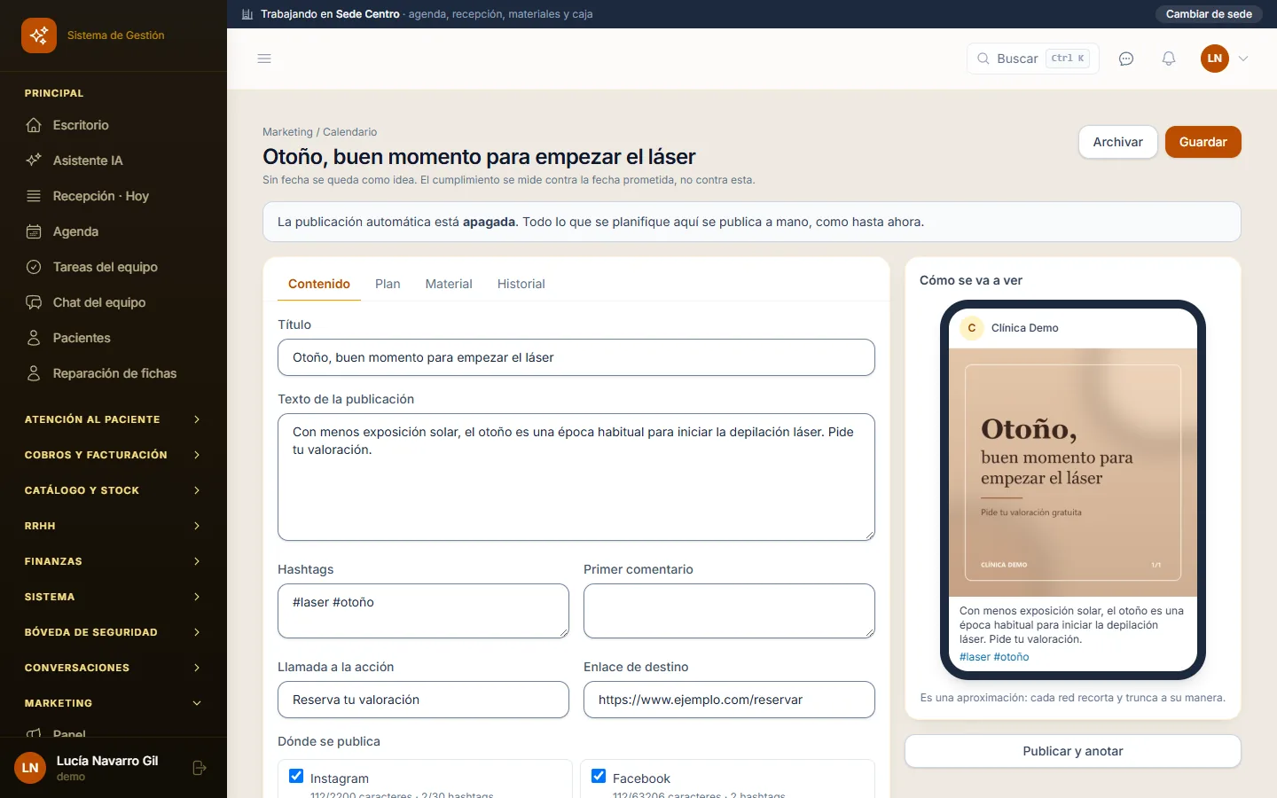 Editor de publicaciones con vista previa por red antes de publicar en Dermys (datos de demostración)