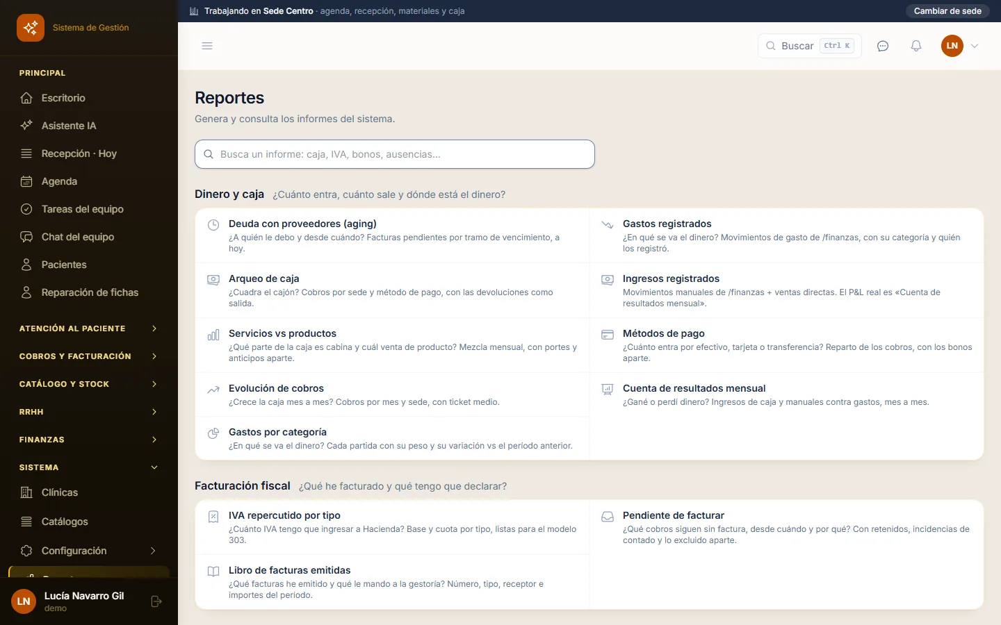 Informes de caja, cobros, gastos, facturación e IVA en Dermys (datos de demostración)